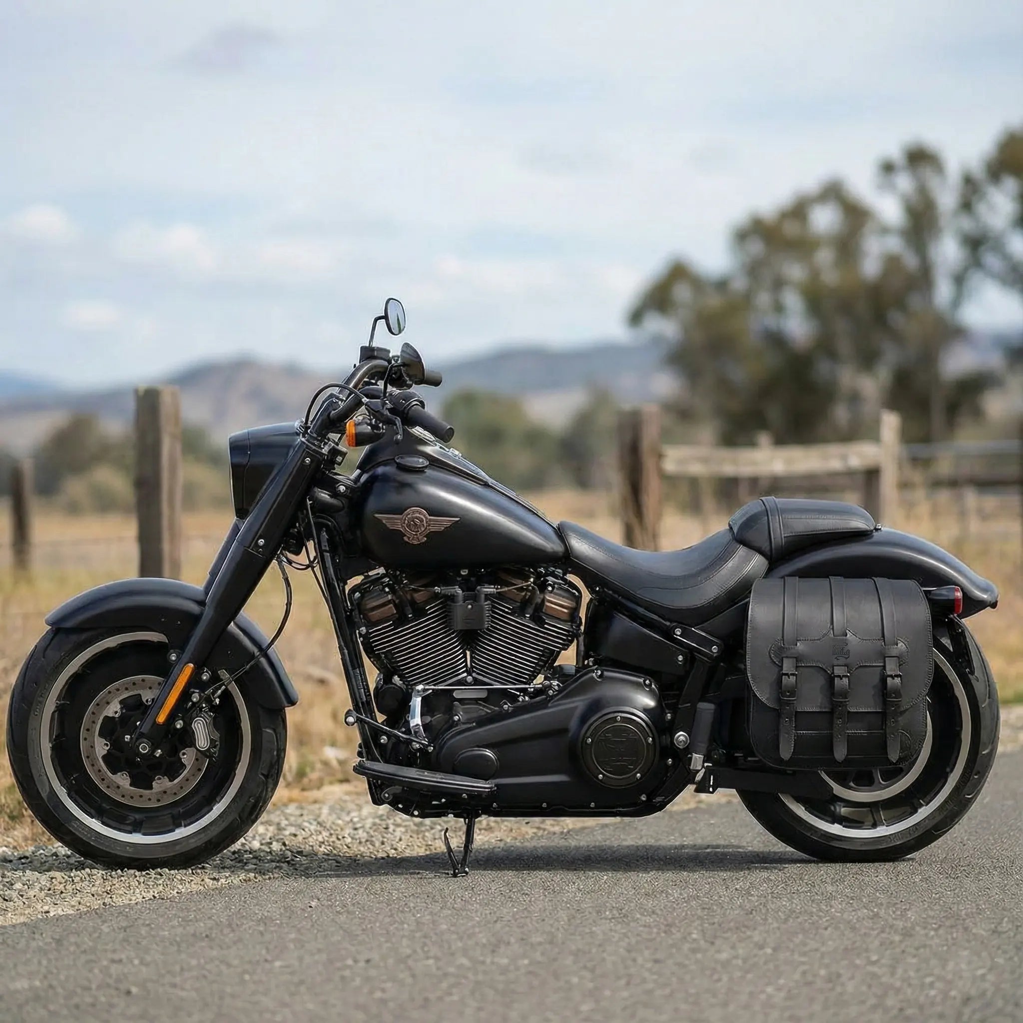 Black motorcycle with saddlebags on a road with a scenic background