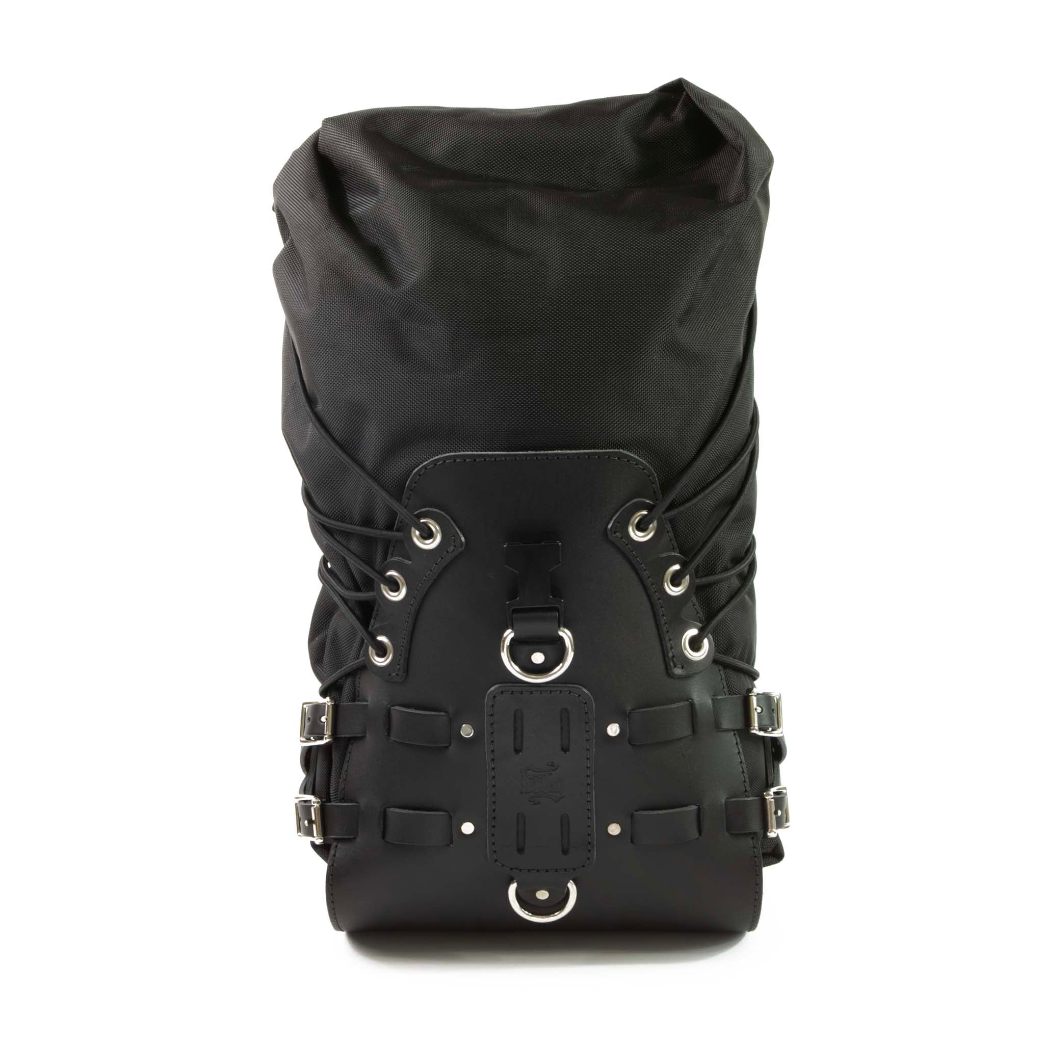 Side angle showing dual roll-top closures with quick-release clips