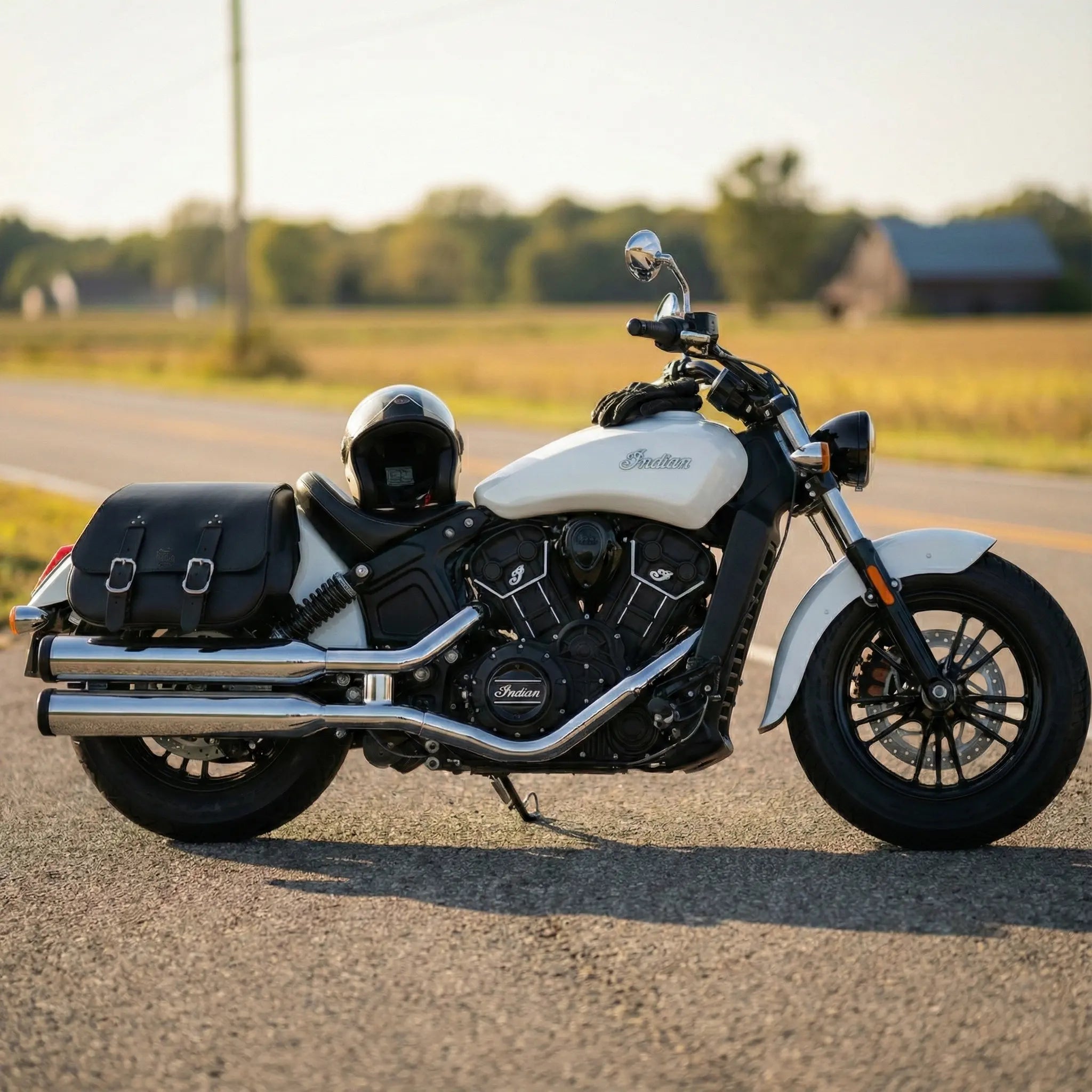 Motorcycle with a helmet on a road with a blurred background