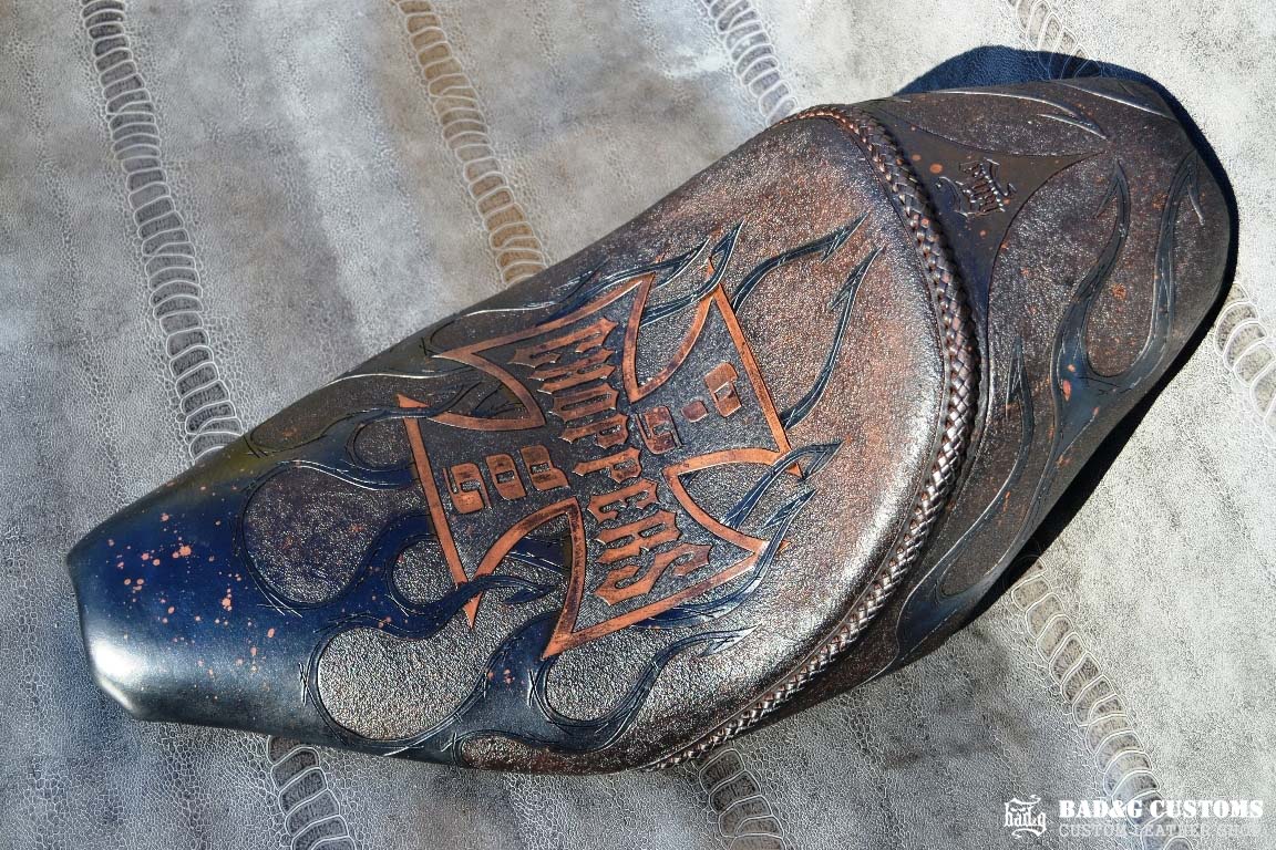 "Big Dog Choppers" logo design hand tooled and braided. Antiqued Blue Veg tan leather with kangaroo lace. West Coast Choppers for Life!