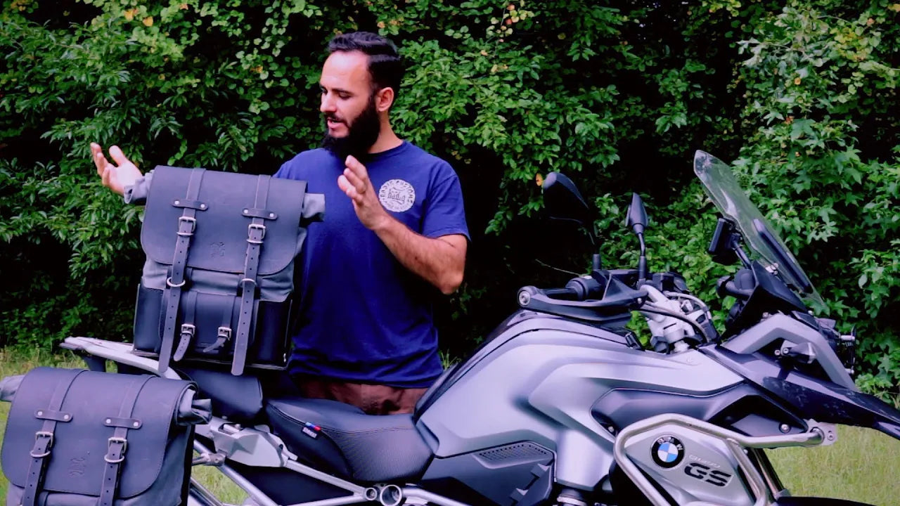 LEATHER and CANVAS BACKPACK SADDLEBAGS by BAD&G CUSTOMS Mounting on a motorcycle